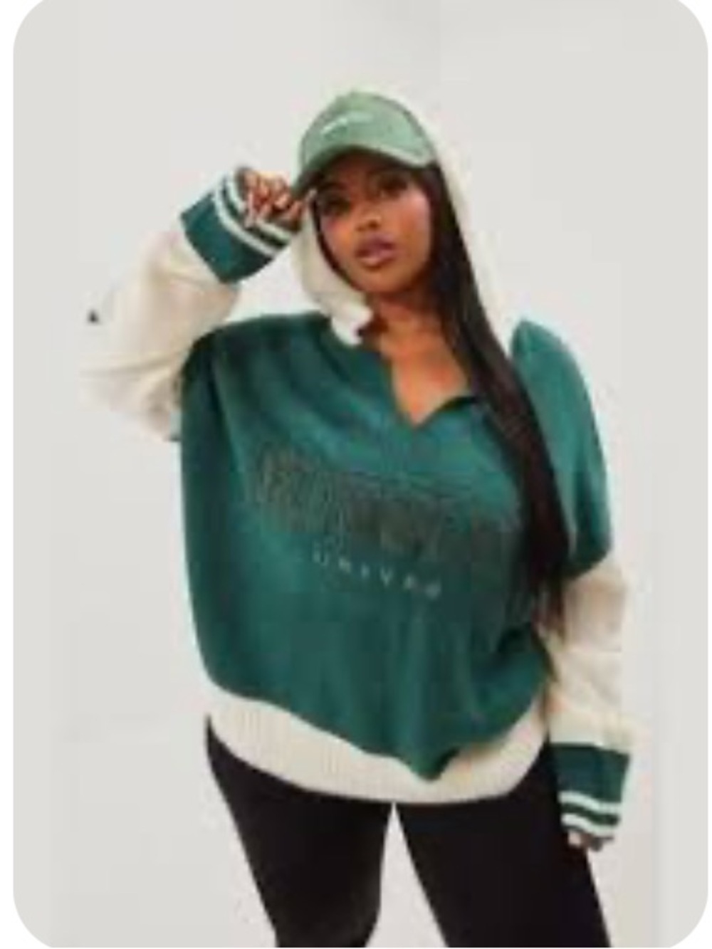Prettylittlething Plus Green Hooded V Neck Varsity Knit Jumper Size S